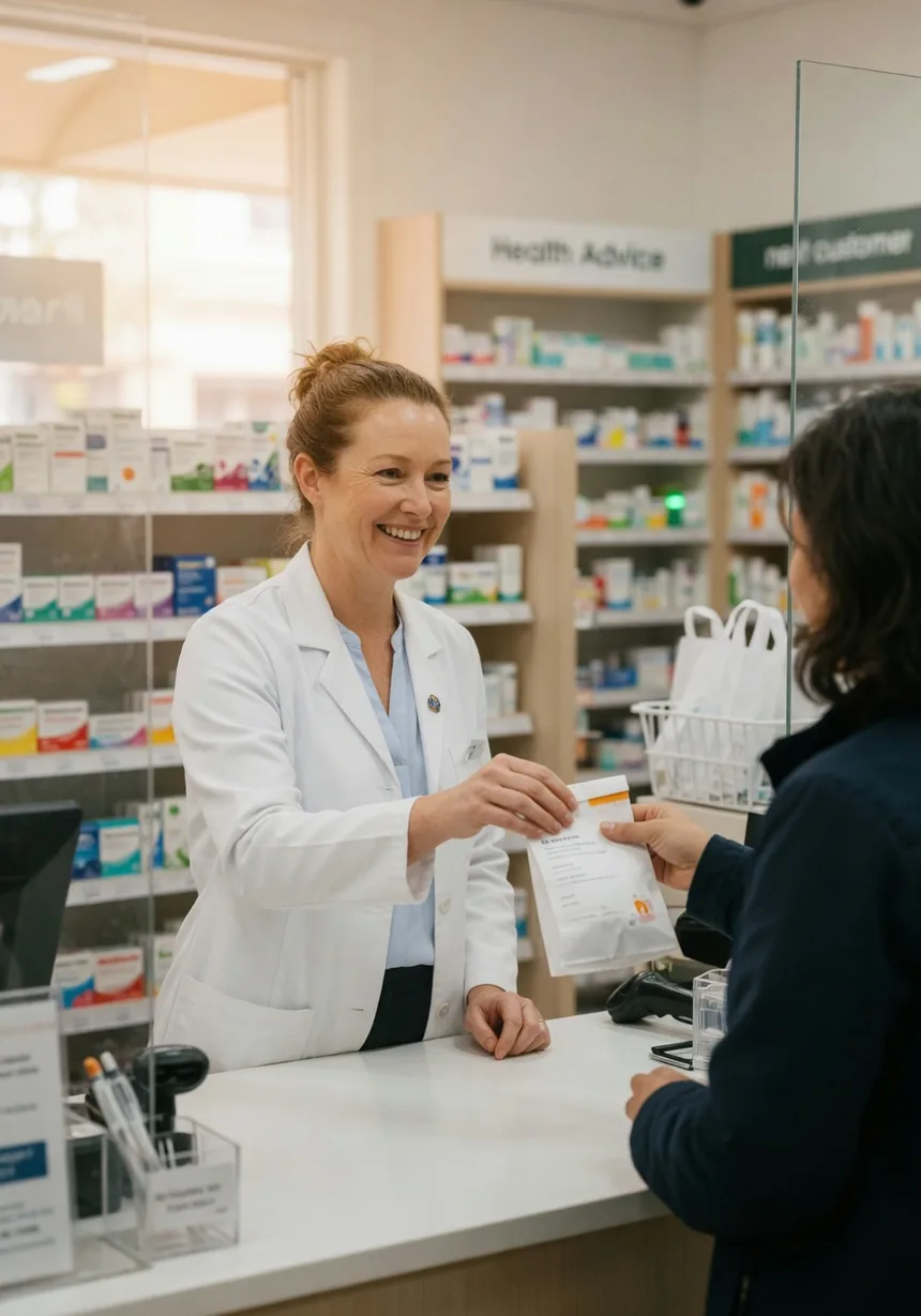 Australian pharmacist handing a prescription to a customer at the counter