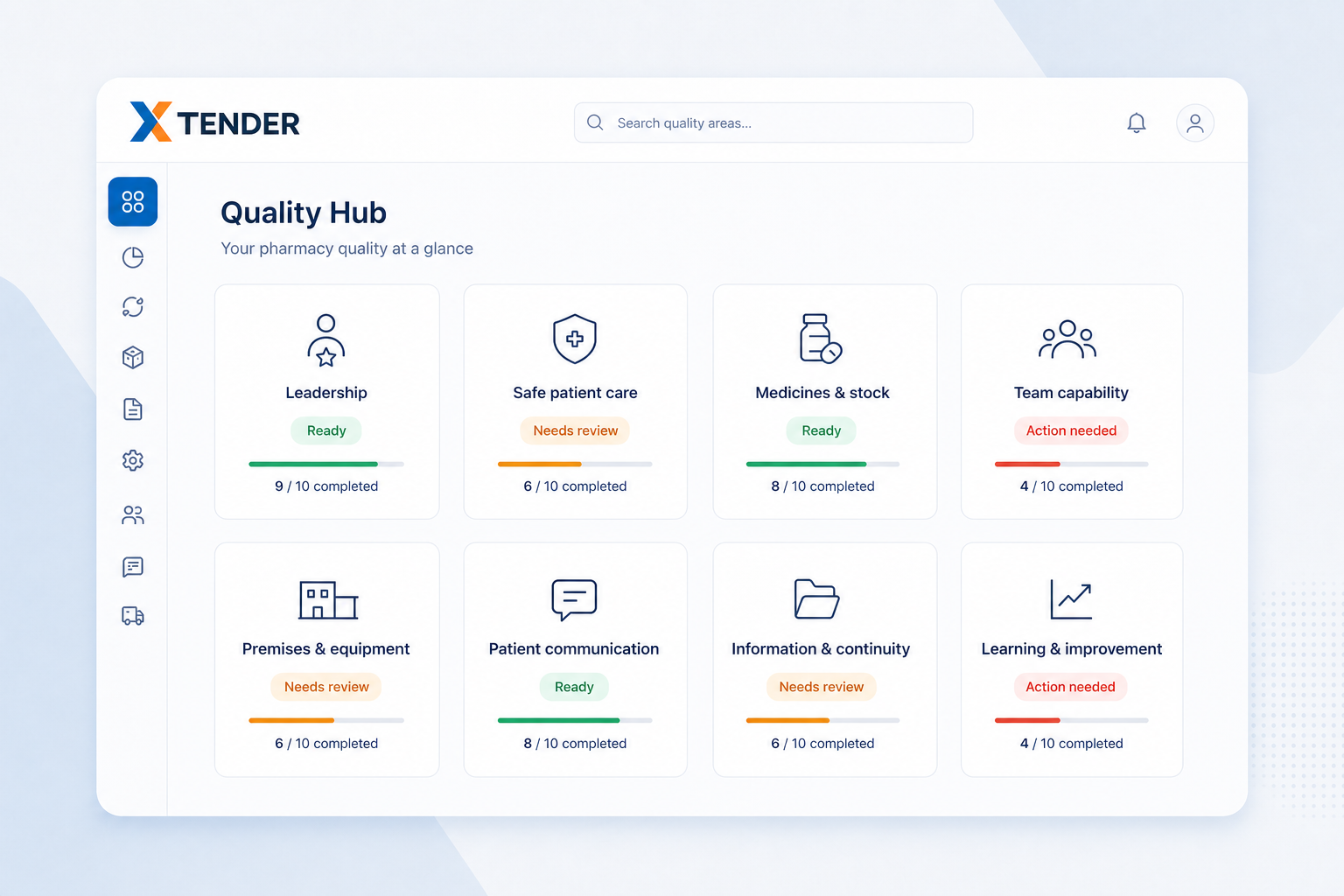 XTender Quality Hub dashboard showing eight pharmacy quality practice areas and review status